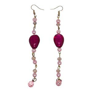 Pink & Fuchsia Beaded‎ Dangle Earrings With Crystal Accents & Gold Hooks